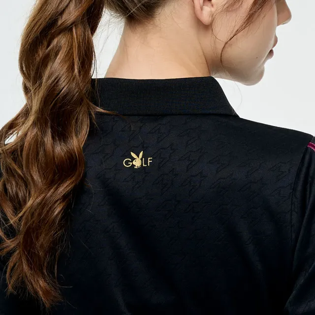 【PLAYBOY GOLF】女款千鳥格高爾夫長袖POLO衫-黑(吸濕排汗/高爾夫球衫/KA25203-88)