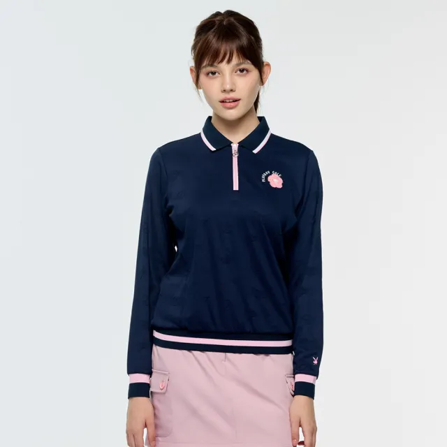 【PLAYBOY GOLF】女款緹花束擺長袖POLO衫-深藍(吸濕排汗/高爾夫球衫/KA25206-58)
