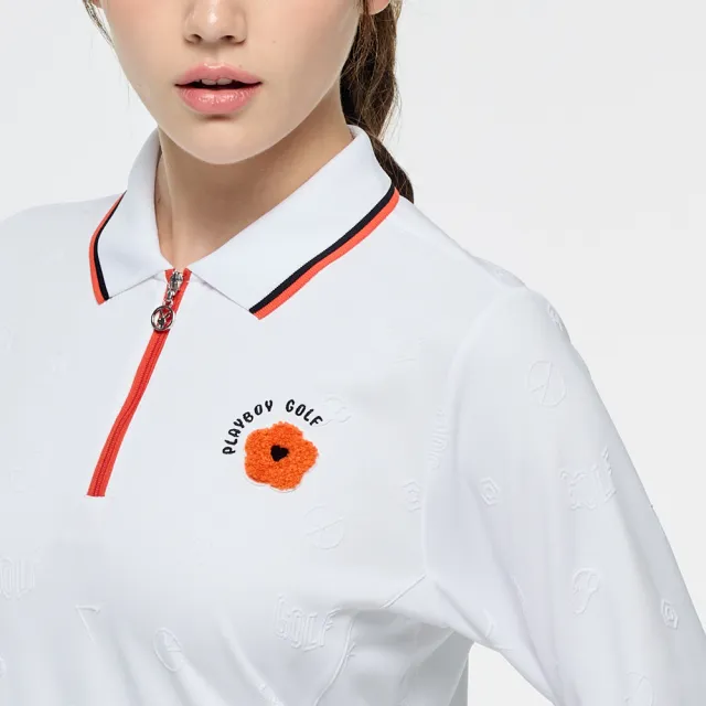 【PLAYBOY GOLF】女款緹花束擺長袖POLO衫-白(吸濕排汗/高爾夫球衫/KA25206-73)