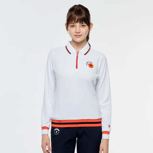 【PLAYBOY GOLF】女款緹花束擺長袖POLO衫-白(吸濕排汗/高爾夫球衫/KA25206-73)