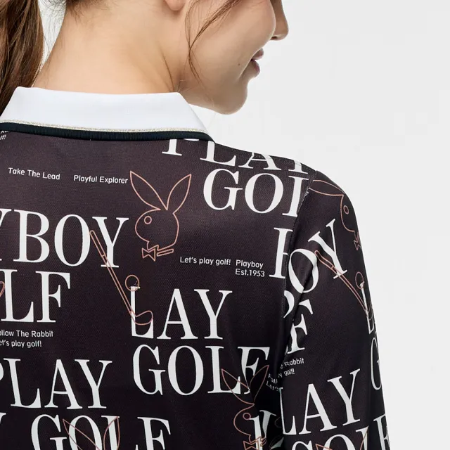【PLAYBOY GOLF】女款兔頭印花吸濕排汗薄長袖POLO衫-黑(高爾夫球衫/KA25207-88)