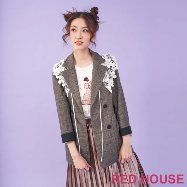 【RED HOUSE 蕾赫斯】都會格紋長版西裝外套-不含蕾絲領(咖啡色)