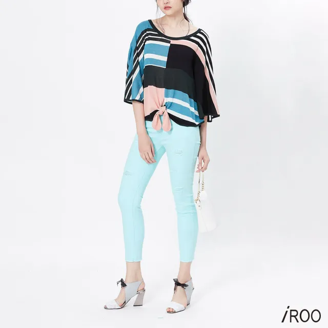 【iROO】圓領條紋色塊拼接流行針織長袖上衣