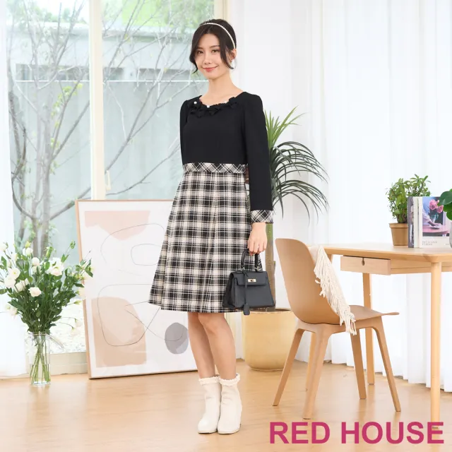 【RED HOUSE 蕾赫斯】甜美蝴蝶結格紋拼接洋裝(黑色)