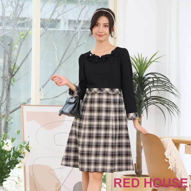 【RED HOUSE 蕾赫斯】甜美蝴蝶結格紋拼接洋裝(黑色)