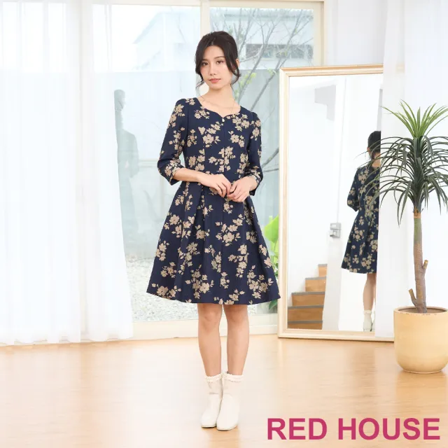 【RED HOUSE 蕾赫斯】典雅桃心領前拉鍊緹花洋裝(共2色)