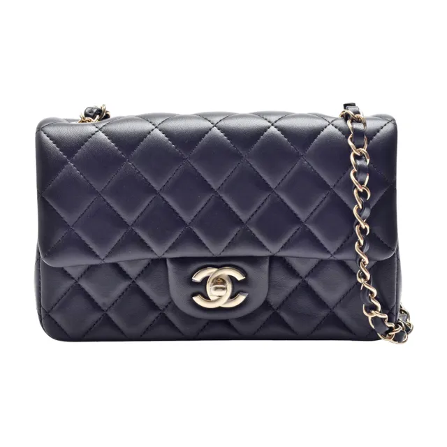 【CHANEL 香奈兒】Mini Classic Flap菱格小羊皮轉釦金鍊手拿/斜背包(黑69900L-BLK-GP)