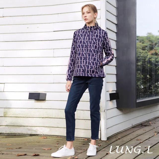 【LUNG.L 林佳樺】LS93C60 藍紫色滿版字母連帽長袖休閒女裝外套(秋冬新品 加大尺碼)
