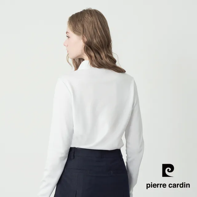 【pierre cardin 皮爾卡登】網路獨家 女款 吸濕排汗印花襯衫領長袖POLO衫-白色(8255292-90)