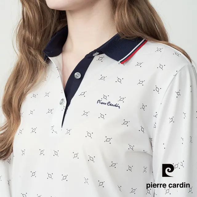【pierre cardin 皮爾卡登】網路獨家 女款 吸濕排汗印花長袖POLO衫-白色(8255291-90)