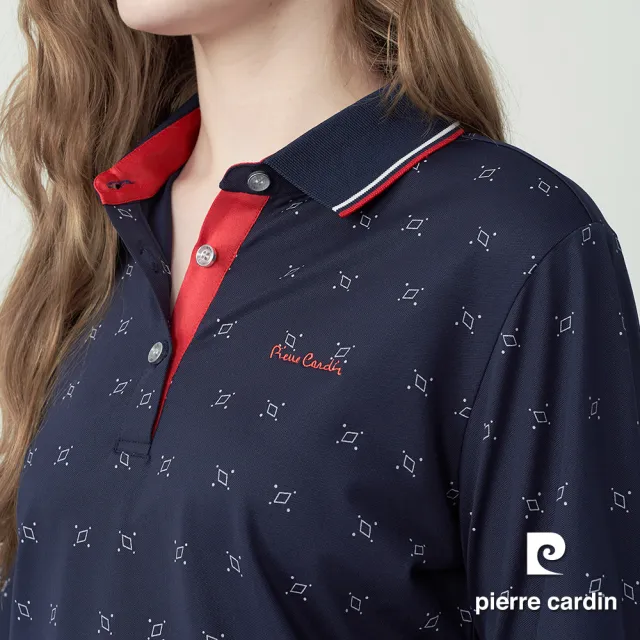 【pierre cardin 皮爾卡登】網路獨家 女款 吸濕排汗印花長袖POLO衫-深藍色(8255291-39)