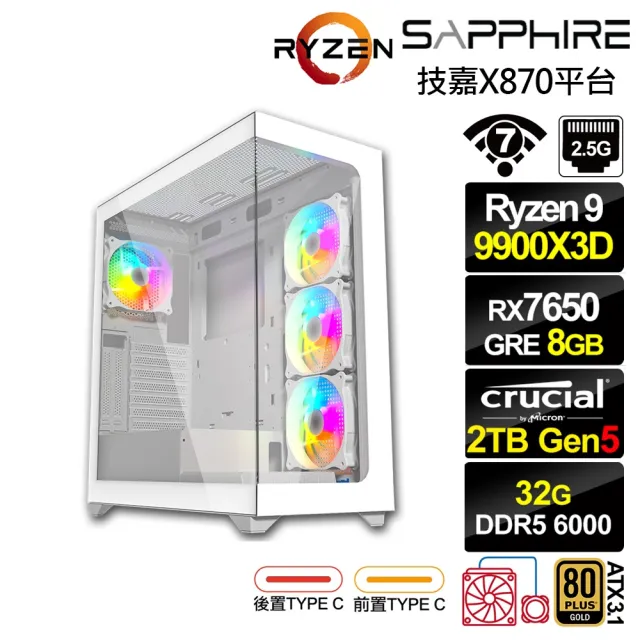 【AMD 超微】R9十二核RX 7650 GRE 8G{奧丁T2DD}水冷電競電腦(R9 9900X3D/技嘉X870/32G D5/2TB/WIFI)