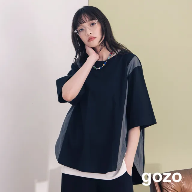【gozo】異材質拼接造型鏤空打褶上衣(兩色)