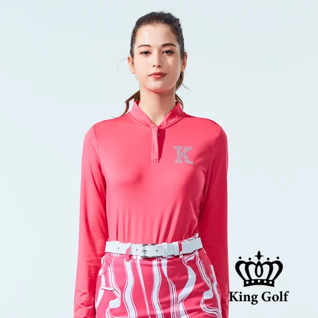 【KING GOLF】速達-網路獨家單特-女款素色立領拉鍊長袖上衣長袖POLO衫/高爾夫球衫(桃紅)