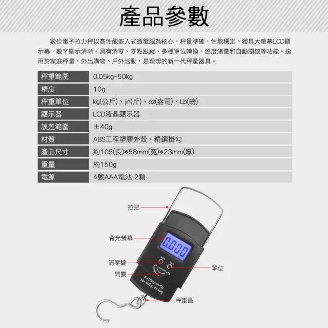 50公斤數位電子拉力秤 行李秤 釣魚秤 電子液晶螢幕吊秤 拉力計 秤重 手提秤(MET-RH50+工仔人)