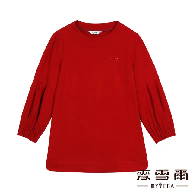 【MYVEGA 麥雪爾】內磨毛logo亮片袖抽褶上衣-紅(復古T/新年紅色開運穿搭)