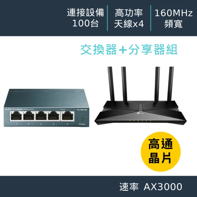 【TP-Link】交換器+分享器組★WiFi 6 雙頻路由器/分享器+5埠鋼殼交換器(Archer AX53+TL-SG105)
