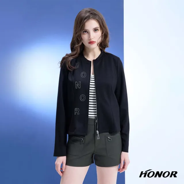 【HONOR 山形屋】出清品 休閒品牌點鑽三角拉鍊外套-黑/綠(限定出清)
