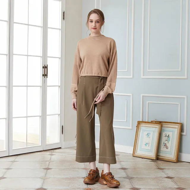 【ICHE 衣哲】Cop.Copine 法國原裝進口綁帶打摺設計九分直筒寬褲