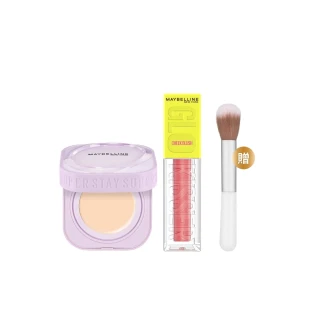 【MAYBELLINE 媚比琳】裸霧光氣墊水凝粉餅+光吻持色幻彩腮紅液(#小方塊 #光吻棒)