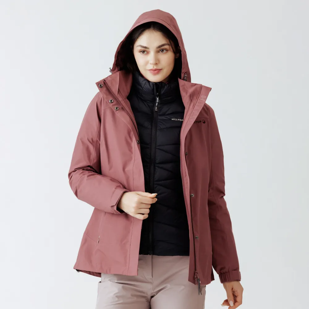 【Hilltop 山頂鳥】GORE-TEX單件式 施華洛世奇水鑽防水防風透氣短大衣外套 女款 玫瑰棕｜PH22XF36ECH0