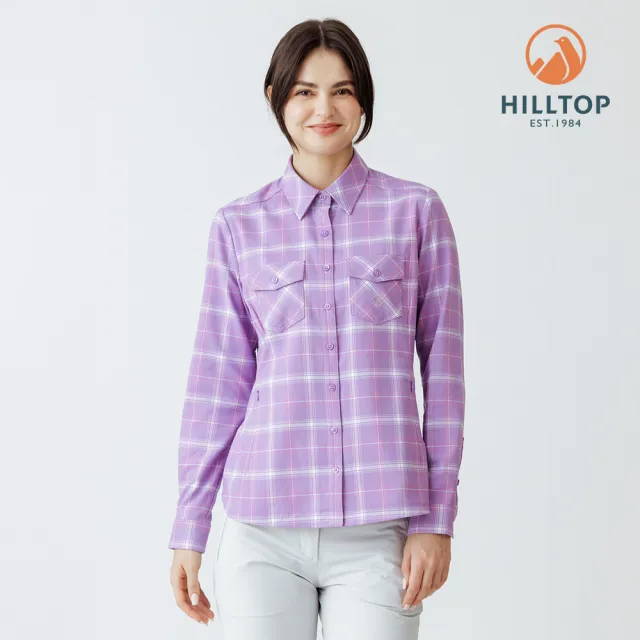 【Hilltop 山頂鳥】吸濕快乾保暖彈性長袖格子襯衫 女款 紫白格|PC05XF25ECJY