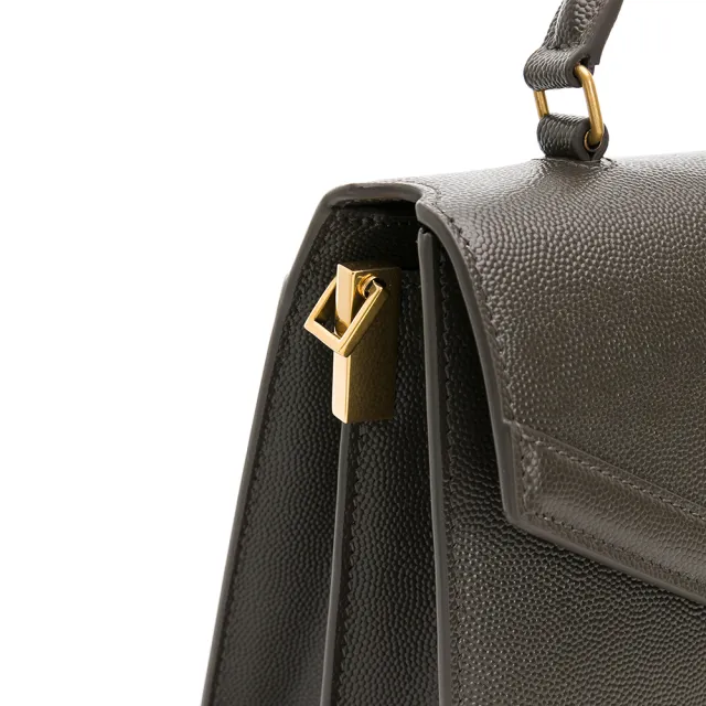 【YSL】Cassandra 粒面皮革 手提/肩背包(暗灰綠/金logo)