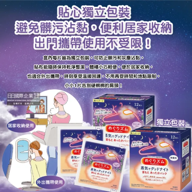 【日本KAO花王】日本境內版約40°C蒸氣睡前溫感肩頸熱敷貼片12片/盒(晚安蒸氣貼就寢前溫熱運動貼溫暖頸部)