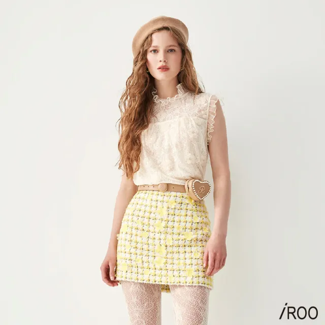 【iROO】綴立體花花呢紗短裙