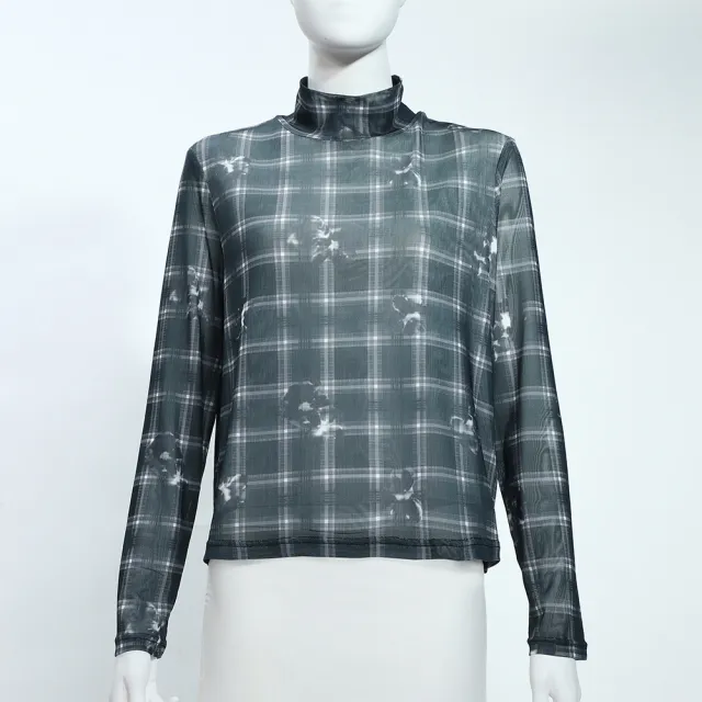 【YUANDONGLI 元動力】數位印格紋細網立領內搭上衣(藍；S-L；4253171609)