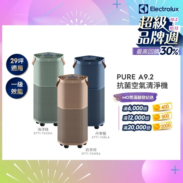 【Electrolux 伊萊克斯】高效能抗菌空氣清淨機 EP71-76BLA 76GRA 76WBA(Pure A9.2 三色任選 29坪內適用)