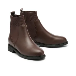 【MELROSE】美樂斯 簡約率性飛織布拼接牛皮低跟短靴(棕)