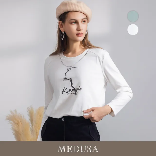 【MEDUSA 曼度莎】現貨-貓咪縮口下襬長袖T恤 - 2色（M-XL）｜女T恤 女長袖上衣 女休閒上衣(701-52801)