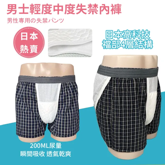 【挪威森林】買一送一男性純棉失禁內褲200CC日本速吸尿用防漏內褲-格紋紳士款(輕中度尿失禁 透氣尿褲)