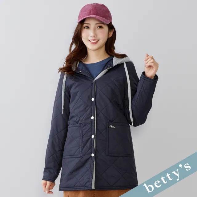 【betty’s 貝蒂思】出清品  格紋薄鋪棉連帽長版外套(深藍)