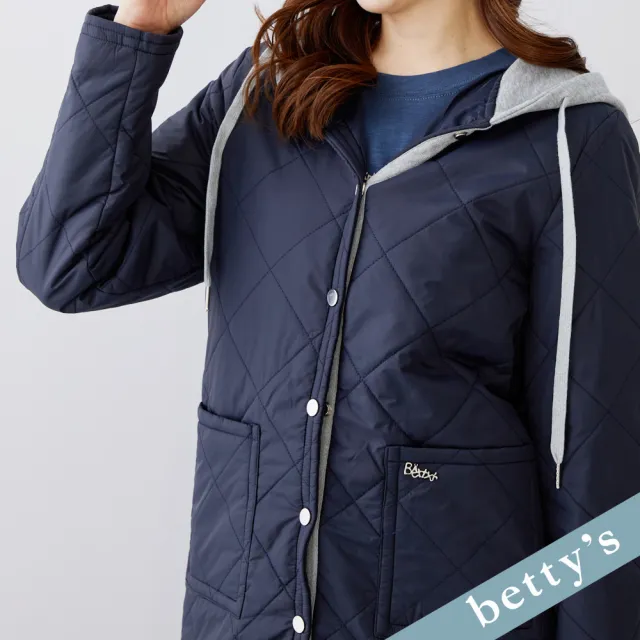 【betty’s 貝蒂思】出清品  格紋薄鋪棉連帽長版外套(深藍)