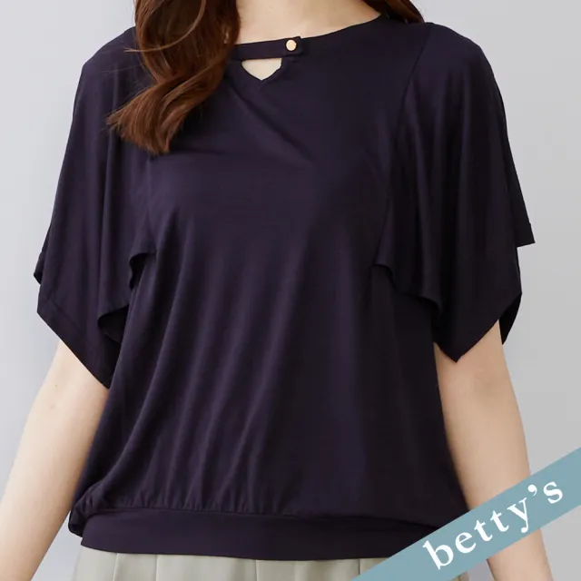 【betty’s 貝蒂思】出清品  蝴蝶蓋袖鏤空圓領T-shirt(深藍)
