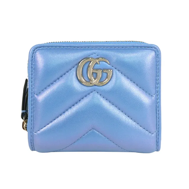 【GUCCI 古馳】GG Marmont 銀字二折釦式短夾GG Marmont 銀字二折釦式短夾(珠光藍)