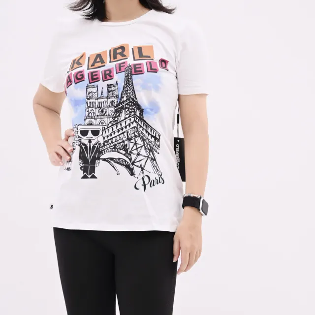 【KARL LAGERFELD 卡爾】老佛爺 巴黎公仔圖案個性棉短T(白)