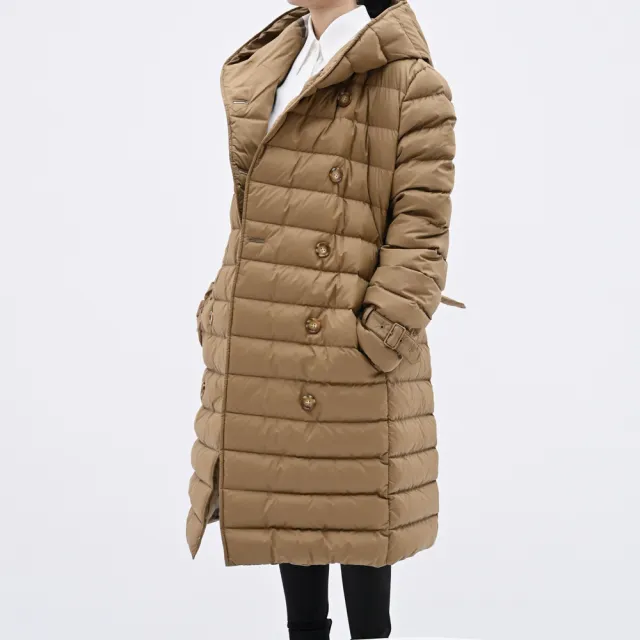 【BURBERRY 巴寶莉】WITLEY 英系英倫風繫腰帶連帽長版輕便羽絨外套(咖)