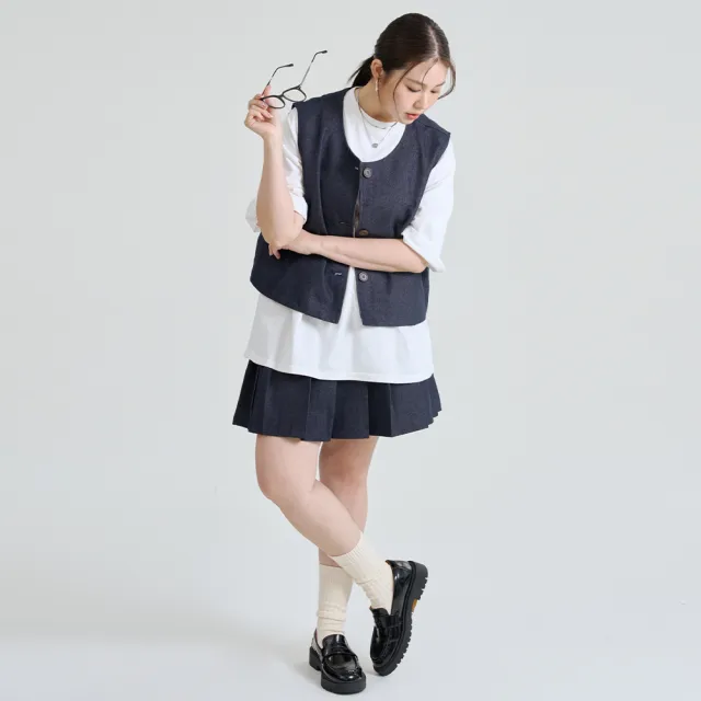 【M：MINb】高腰寬百褶牛仔短裙(深藍/中大尺碼女裝/大尺碼女裝/XL女裝/XL裙子/牛仔裙/短裙/百褶裙)