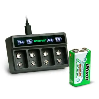 【iNeno】9V-950可充式鋰電池-4入 + 9V鋰電/鎳氫 AI智能 LED顯示充電器-四槽