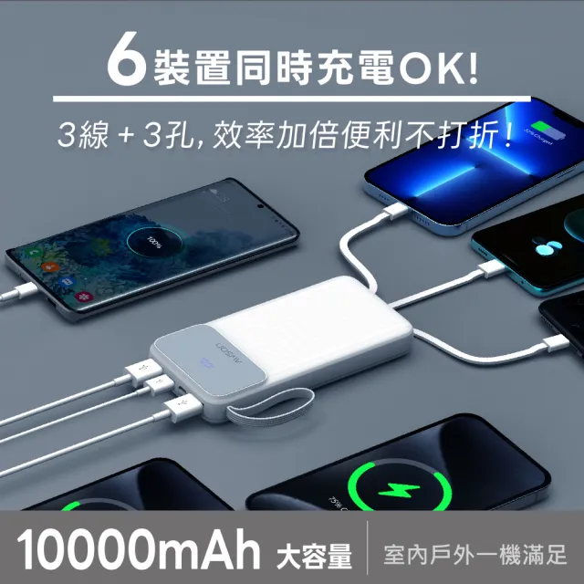 【AWSON 歐森】WH標示 10000mAh 1W微儲能自帶線(AWP-5730 蘋果/Type-C/MicroUSB/USB-A輸入)