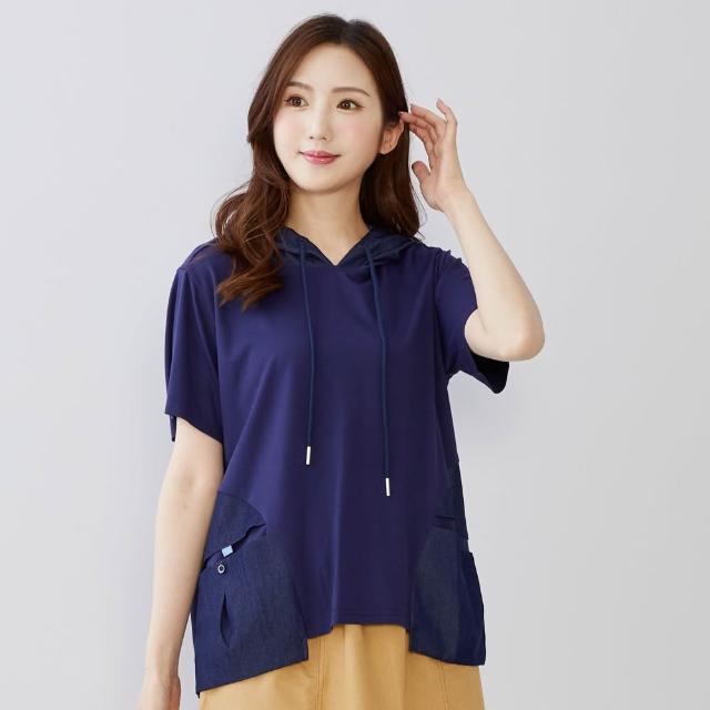 【betty’s 貝蒂思】出清品  牛仔拼接連帽短袖T-shirt(藍色)