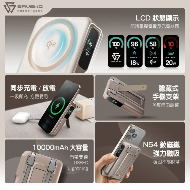 MC1002Q2 10000mAh 38.5Wh Qi2 多功能行動電源 可登機(自帶線 同步充放 狀態顯示)