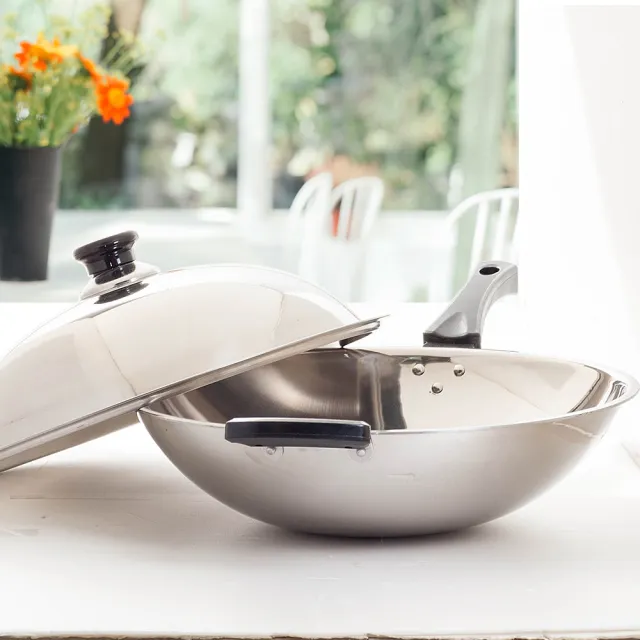 【台灣好鍋】加賀系列七層複合金不鏽鋼炒鍋 39公分(人體工學握把/台灣製造/SGS無毒/不銹鋼鍋蓋/可用鐵鏟)