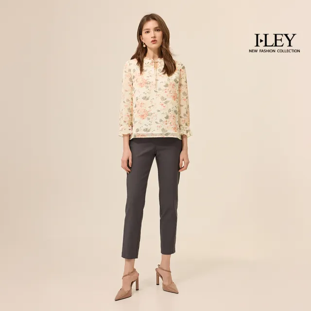 【ILEY 伊蕾】小荷葉綁結印花雪紡上衣(杏；M-XL；1253021438)