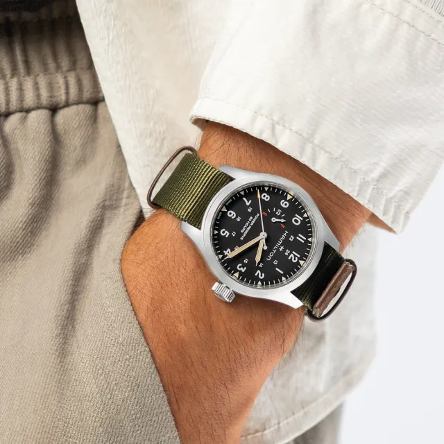 【HAMILTON 漢米爾頓】卡其陸戰動力儲存機械腕錶 40mm(手動上鍊 中性 NATO帶 H69509930)