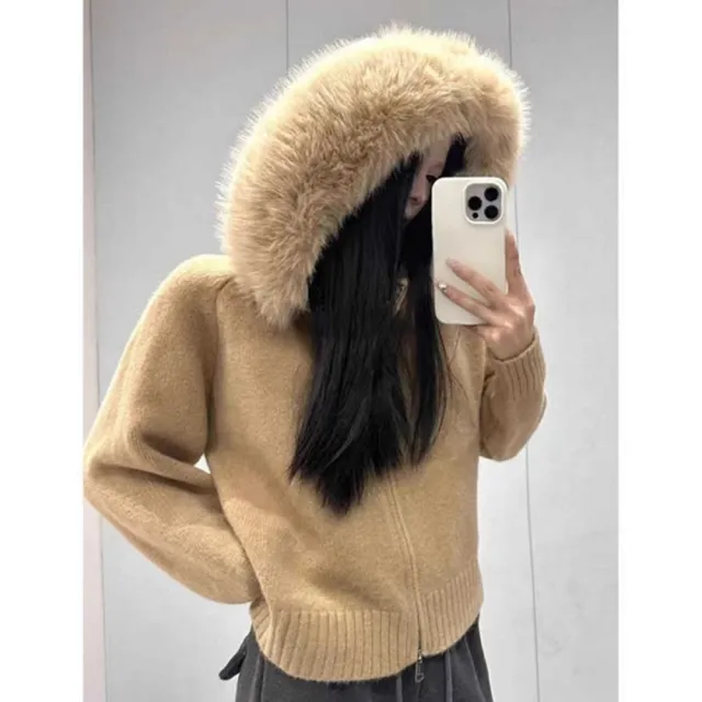 【baibeauty 白鳥麗子】個性針織雙拉鏈毛毛連帽長袖外套(夾克)