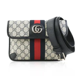 【GUCCI 古馳】674081 經典Ophidia GG Supreme帆布印花 藍紅藍織帶手拿胸包腰包(藍黑色)